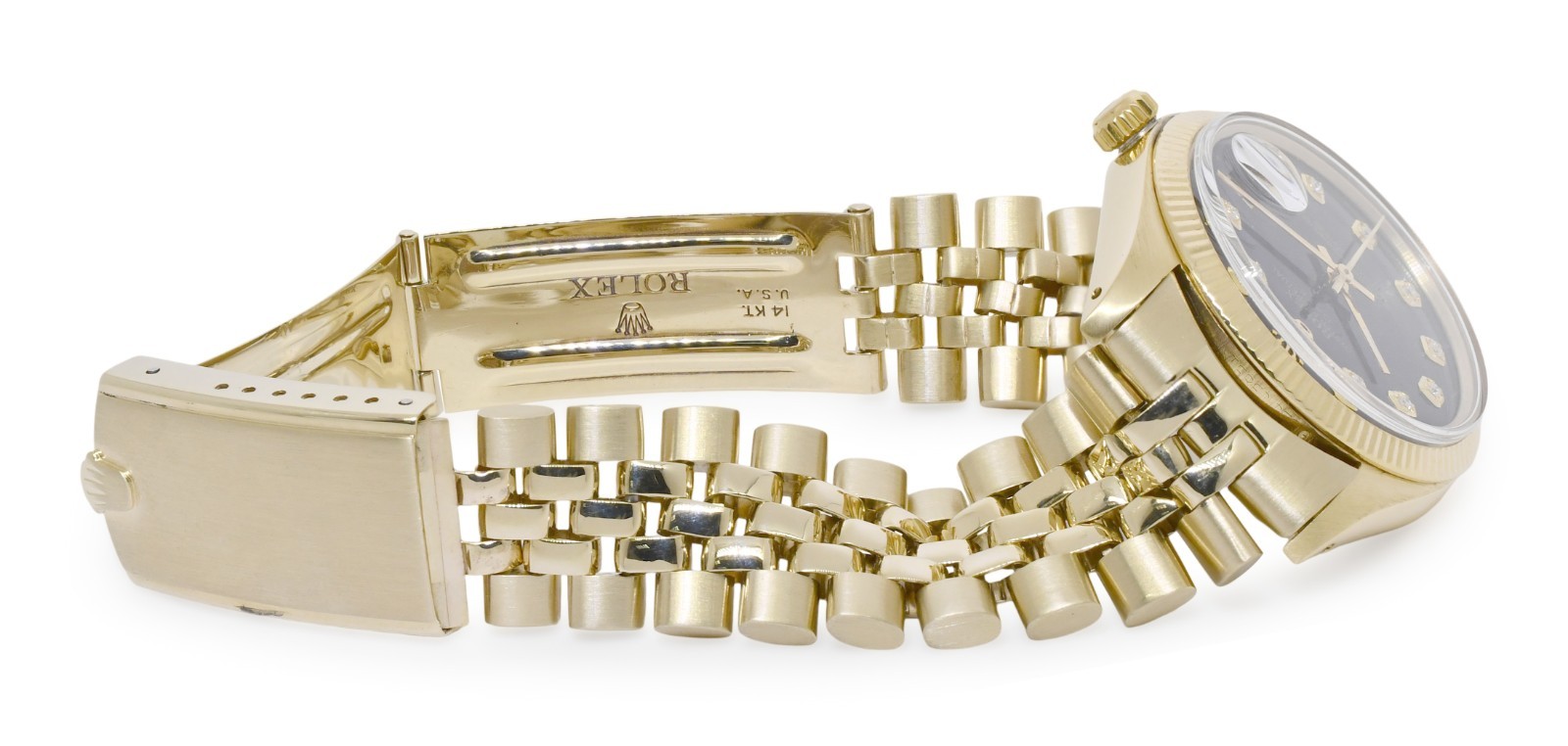 Rolex Date 14k Yellow Gold Black Diamond Dial USA Bracelet 34mm Watch '80 1503 Rolex Date 14k Yellow Gold Black Diamond Dial USA Bracelet 34mm Watch '80 1503